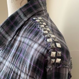 Purple/gray plaid top with studded shoulders.